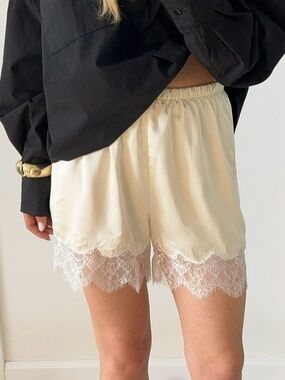 Silk-Look Cream Lace Trim Shorts